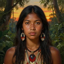face portrait of a beautiful alluring female yanomami maiden in a dense jungle at sunset, detailed, centered, digital painting, artstation, concept art, donato giancola, Dante Gabriel Rossetti, alphonse mucha, Joseph Farquharson, Joseph Christian Leyendecker, WLOP, Boris Vallejo, Breathtaking, 8k resolution, extremely detailed, beautiful, establishing shot, artistic, hyperrealistic, beautiful face, octane render