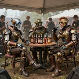 backstage at a festival, 3 drunk steampunk robot musicians sitting on chairs, table with many bottle of beer and wiskey, exaggerated detailed, unreal engine