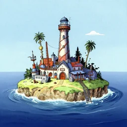 a remote island research station in the middle of the ocean, rhads!!!, magical realism, urban fantasy, saturday morning cartoon, clean linework, ( alexander archipenko ), tex avery, western animation