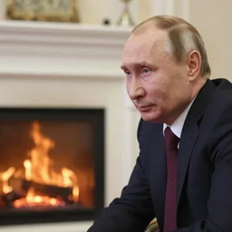 portrait vladimir putin looking into a log fire smirking reflections lighting clasical