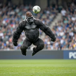 a gorilla jumping to head the ball on a corner kick, vivid