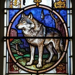 a wolf depicted in stained glass at a church