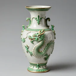 vase in the shape of a dragon with green accents designed by leonardo da vinci