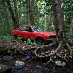 red abandoned car overgrown thick forest trees big roots waterlogged ground purple flowers stream sharp rocks