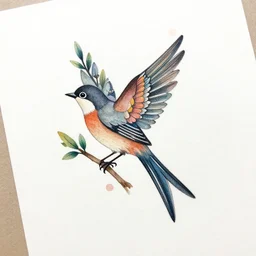 creative bird and flower art, tattoo style, on white paper