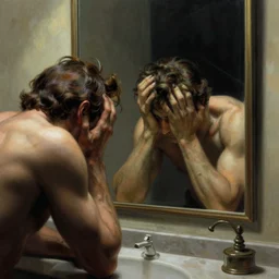 a man looking at a mirror depressed, frank frazetta