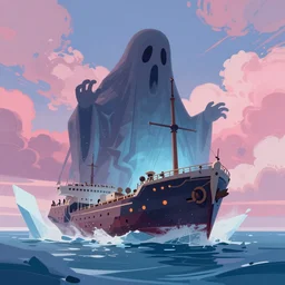concept art by jama jurabaev, cel shaded, cinematic shot, trending on artstation, high quality, brush stroke, vibrant colors, rosy clouds, a mysterious giant ghost ship trapped in the glacier