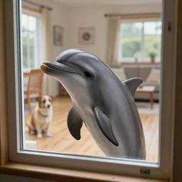bipedal dolphin looking through window into a house, there is a dog inside on the floor, 4K photo