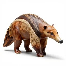 carved wooden anteater, studio photography, full body, isolated on a pure white background, centered, entire subject in frame, sharp focus, soft studio lighting
