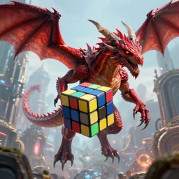 by oka yasutomo and anna dittmann, visually stunning, cinematic, ultra realistic, hyper realism, 1 2 k, epic, octane render, unreal engine, vfx, maya, rubik's cube is a 3 / 3 creature with flying and first strike, realistic alien medium shot portrait with horns, a red dragon flying in the sky, inside a futuristic magical elven city, spaghetti monster
