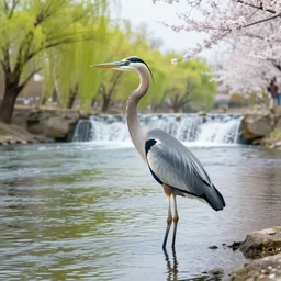 a majestic blue heron in shallow river, waterfalls in distance, willow trees, cherry blosom trees, lily pads, bullrushes, marsh, clouds, golden hour, intricate, luminescent matte painting, highly detailed, artstation