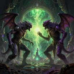 two lovecraftian monsters fighting on alien planet, ornate and intricate, glowing nether portal, dim painterly lighting volumetric aquatics, jaw droping by anton fadeev, by rhads, by francis bacon, 4 k, detailed, subsurface scattering, green - purple - yellow lighting, trending on pixiv