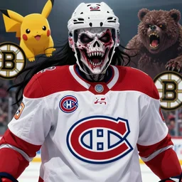 scary anime Portrait of horrific Youppi the Habs Montreal Canadiens Mascot as a very dead powerful and violent pokemon, Youppi devouring Boston Bruins Bear Logo, lots of Bruins Bear Blood, highly detailed anime, high evolution, 1990s, haunted shiny legendary, darkness, smooth, sharp focus, dynamic lighting, intricate, trending on ArtStation, stuff of nightmares, illustration pokemon, art by WLOP