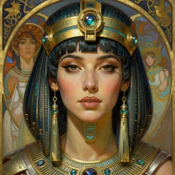 realistic detailed face portrait of a beautiful futuristic egyptian warrior in alien cyberpunk armor by alphonse mucha, ayami kojima, amano, greg hildebrandt, and mark brooks, female, feminine, art nouveau, cyberpunk, neo - gothic, gothic, character concept design