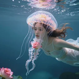 pretty girl and lotus swimming underwater, transperent jellyfish head covers with the flower, tentacles with rose, photographic, cinematic, photorealistic, volumetric lighting, detailed, smooth, artstation, octane render, wolp