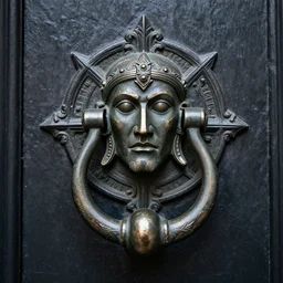a highly intricate ornamental door knocker for a warlock