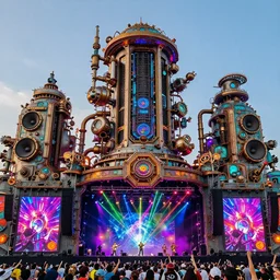 a huge outdoor festival stage, center of the stage is a huge futuristic steampunk generators surrounded by steampunk machinery with huge loudspeakers, rock musicians on the stage, laser show, 8 k, fluorescent colors, halluzinogenic, multicolored, exaggerated detailed, unreal engine