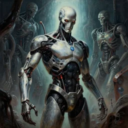 bionic man nightmare dream, character art, beksinski, giger, large painting, extremely detailed, realistic light, perspective, biomachine background