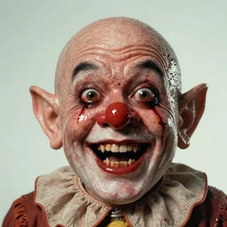clown gnome, wet glistening sweaty face, bulging eyes, open mouth and pointy teeth, bloody, practical effects, 1 9 7 0 s body horror film, directed by cronenberg
