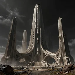 moody landscape, exoplanet, abandoned alien megastructure designed by hr giger, towering skeletal temple skyscrapers, complex parametric architecture, post industrial, volumetric, beksinski, alvin schwartz, black clouds, octane render, cinematic, epic angle