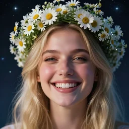 close-up of a smiling beautiful female, blonde,, wearing a crown of daisies, beautiful happy face, ethereal, starry, space, magical atmosphere, maximalist, cinematic lighting, cinematic atmosphere, trending on artstation, cgsociety, 8k, high resolution, in the style of Faiza Maghni, David Ligare, Flora Borsi, Daniel Gerhartz,