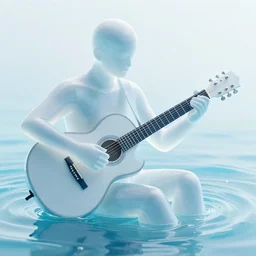 guitarist playing a guitar made of pure water, with translucent clothing surrounded by water particles in a waterfall above a serene pond, fantasy concept art by j. dickenson