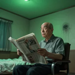 japanese balding older man sitting in a chair in his room holding a newspaper and looking at the ceiling with green lighting, contrast, scary painting