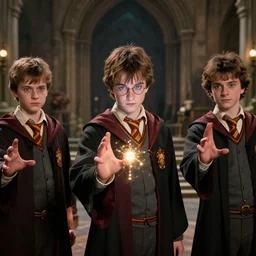 sharp, highly detailed, from a 2 0 1 9 sci fi 8 k movie, set in 1 8 5 0 in an alternate universe, mid distance shot of three students practicing magic, in the school of magic, magic special effects, wearing 1 8 5 0 s clothes, atmospheric lighting, in focus, reflective eyes, 3 5 mm macro lens, live action, nice composition
