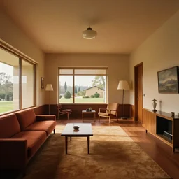 classic midcentury apartment interior by frank lloyd wright, warm palette, stylized set design by wes anderson and tim burton, minimalist,