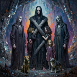 painting of a creepy family wearing long robes, intercrossed humans, mixed animal, in a crystal cave, by giger, zdzislaw beksinski, thierry bosch, cold hue's, amazing colorful background, digital art, concept art, animal painting, beautiful composition 3 - d 4 k,