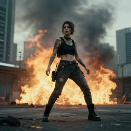 Candid extreme wide shot of a poor techwear mixed woman with short hair and tattoos outside of a futuristic Los Angeles on fire, cyberpunk, 4k, extreme long shot, desaturated, full shot, action shot, motion blur, depth of field, sigma 85mm f/1.4, high resolution, 4k, 8k, hd, full color, award winning photography, war photography