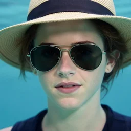 close up emma watson portrait, hat on top of head, wearing aviator sunglasses, under water, 8 k, art station, greg rutkowski, annie liebovitz, roger deakins, wlop