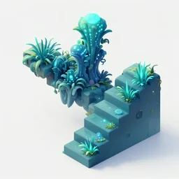 concept 2 d game asset, isometric staircase blocks, organic isometric design, bioluminescent alien - like plants inspired by the james cameron's avatar's alien nature. we can see alien plants glowing in the dark arround the isometric itens has colorful neons cyan, orange mooth median photoshop filter cutout vector