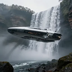 a spaceship by zaha hadid, hovering above a waterfall, beautiful landscape, environment, low angle view, hyper realism, concept art, low angle, high detail, volumetric, dramatic lighting, long shadows, ominous, misty, beautiful, by maxime bibi and jordan grimmer, breathtaking scene, cinematic, 8 k