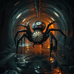 mechanical clockpunk spider in a large dimly lit wet sewer, ultra detailed digital art, fine drawing, grunge, eldritch horror, hyper real, 4 k, moody lighting, warm colors, shaded