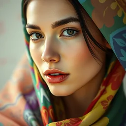 close up portrait shot of a beautiful woman wearing flowing colourful clothes, white eyes black pupils, alphonse mucha, rhads, ross tran, artstation, artgerm, octane render, 1 6 k