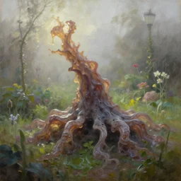 amorphous, gooey life form spreading over a cottage garden in a beautiful foggy morning. oil painting, indie concept art, bloom, chiaroscuro, backlighting, intricate details, depth of field.