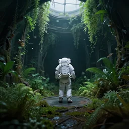 An astronaut alone inside an empty dark flooded ballroom overgrown with aquatic plants