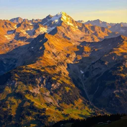 matte painting of beautiful mountain landscape in northern switzerland, by albert whitlock, amazing details, beautiful composition, vibrant colors, bird eye view, luminescent, warm hue's