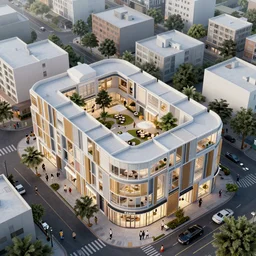 a shopping street in a city, architectural block of boxes, highly detailed, octance render, leisure area in the middle of the building, 8 k rendering