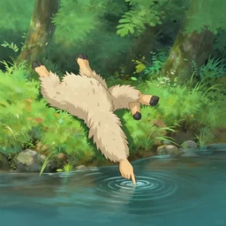 a rough digital painting of a person with furry goat legs lounging next to a river with a finger in the water in the forest, digital painting, fantasy, studio ghibli environment, overhead canopy