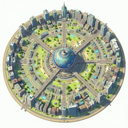 video game rpg map of circular city with a giant core in the middle and connecting bridges, clean, detailed cyberpunk colors