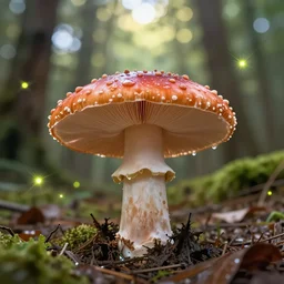 the most beautiful amanita mushroom ever seen, moist, forest floor, sprites, firefly's, sun shining through treetops, greg rutkowski, vivid colour, trending on artstation, artistic photo, highly focused, digital art, highly detailed, smooth, 8 k