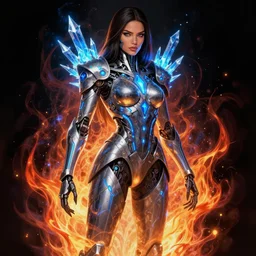 character design, concept art, cyborg, armor with long blue light sapphires blue lines, adriana lima, battle angel alita. by rembrandt 1 6 6 7, illustration, by konstantin razumov, sci - fi, frostine engine, vibrant colors, fractal flame, crystalized, by wlop