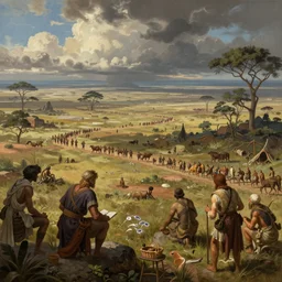 historical depiction of paleolithic gondwana, in the style of greg rutkowski, giorgio vasari, digital painting, unreal engine, extremely detailed masterpiece, volumetric lighting