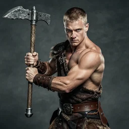 a young peter sarsgaard with pointy nose and short hair, huge muscular athletic dressed as barbarian swinging a claymore