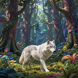 a realistic white wolf, walking through a psychedelic forest, wide angle landscape shot, pixar style by tristan eaton, artgerm and tom bagshaw
