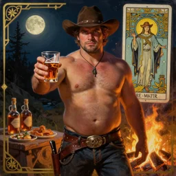 a dramatic, epic, ethereal campfire painting of a handsome thicc shirtless cowboy with a beer belly wearing a leather belt and hat offering you a drink | background is a late night with food and jugs of  whisky | tarot card, art deco, art nouveau, homoeroticism | by Mark Maggiori | trending on artstation