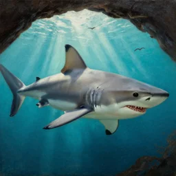 very textured close up of shark  with backlight , sun rays , big shadows, small bird sihouettes  in cyan background , very textured detailed  panoramic oil painting by rembrandt , hard backlight , in dark cave