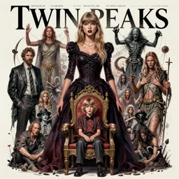 twin peaks movie poster art of taylor swift evil, standing next to chair with young boy sitting in throne, moloch ritual, horror, highly detailed, smooth, illustration, artgerm, leyendecker, wlop by katherine lam, michael whelan and tomer hanuka, godward, gustav moreau, saturno butto, boris vallejo